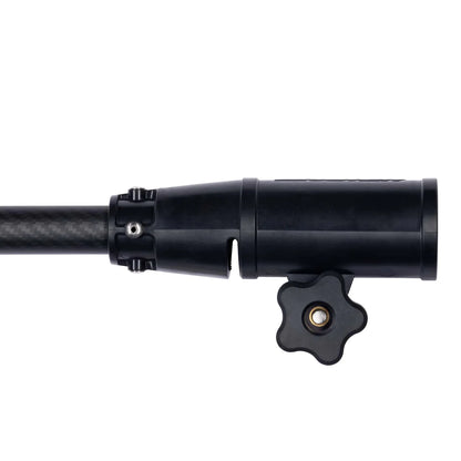 Close-up of the Newport Tiller Extension Handle - 18", with a sleek black control cylinder and ergonomic adjustment knob, attached to a pole, isolated on a white background.
