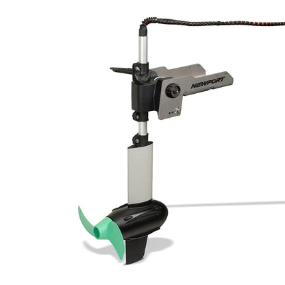 The Newport NK300 Motor + 36V40 Battery Bundle features a green propeller, black and silver shaft, and a control arm labeled “Newport,” designed to enhance your fishing experience, displayed against a white background.