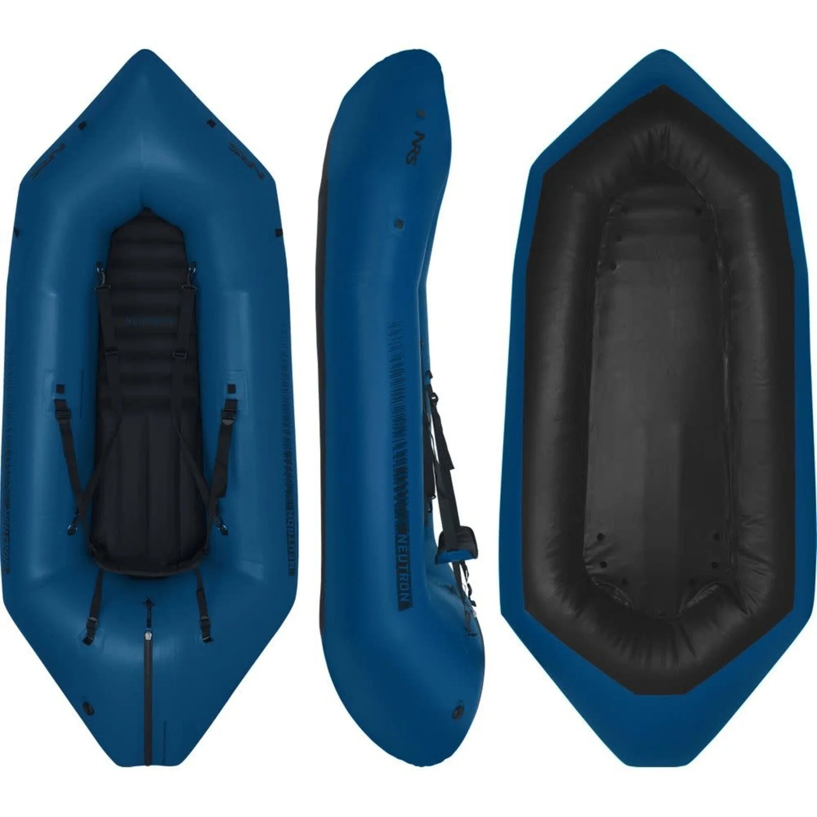 A blue NRS Neutron Packraft with a black seat, ideal for whitewater journeys.