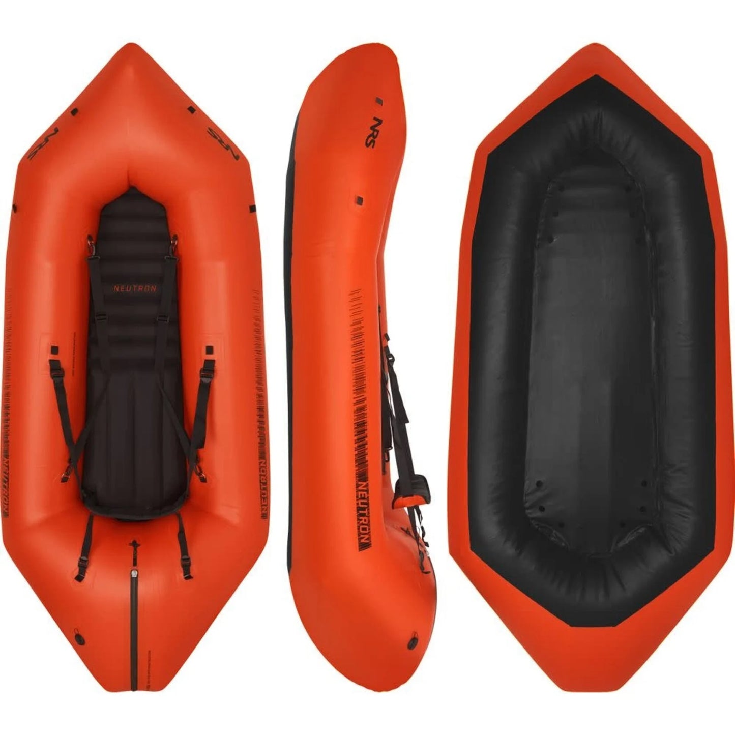 An orange and black NRS Neutron Packraft with two seats, perfect for whitewater journeys.