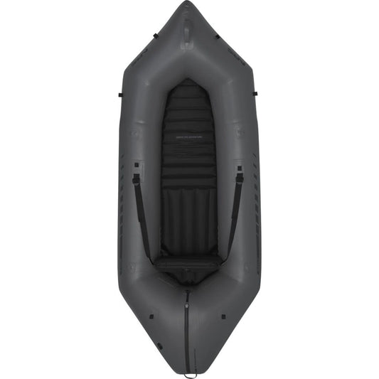 An inflatable Riffle Fishing Packraft by NRS in black on a white background.