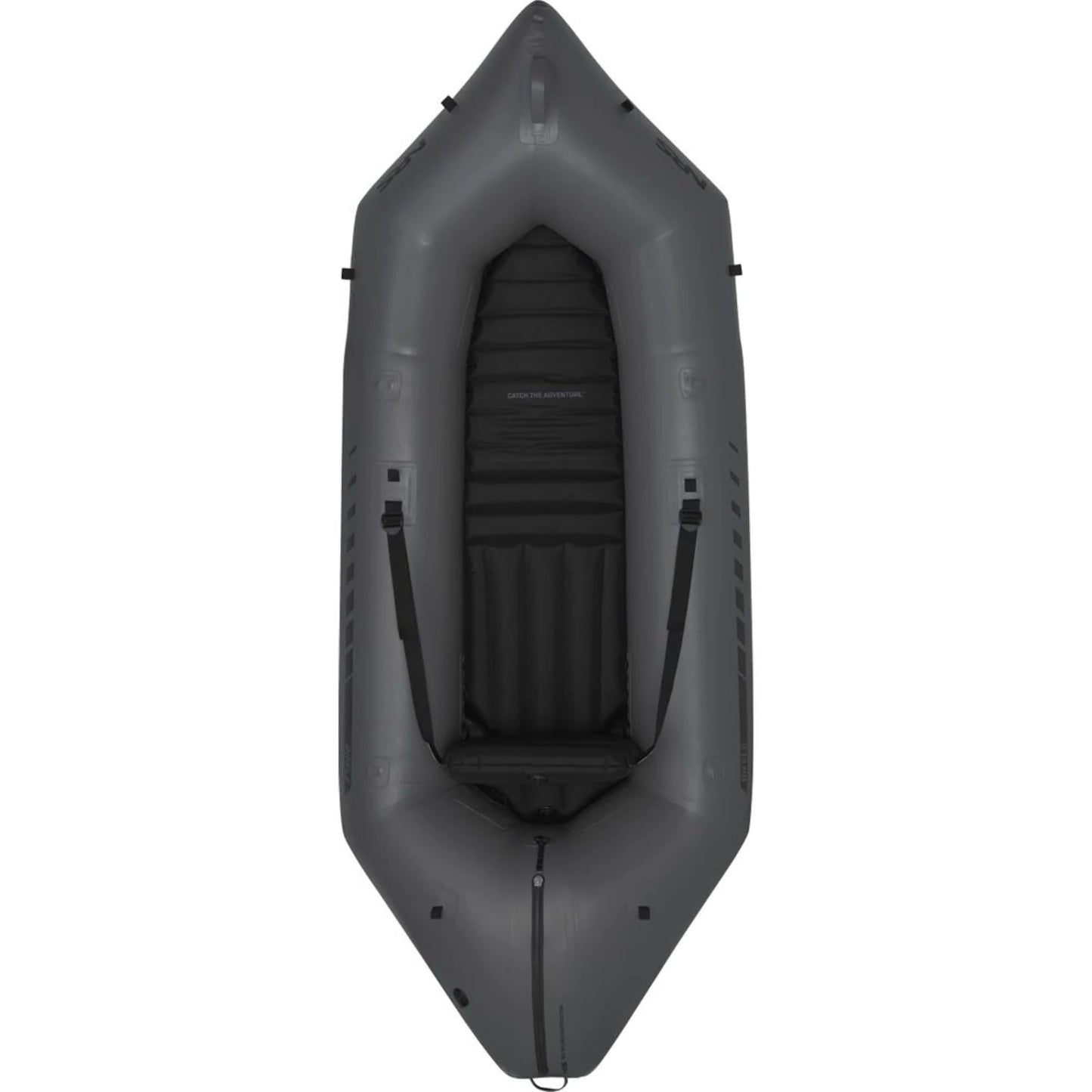 An inflatable Riffle Fishing Packraft by NRS in black on a white background.