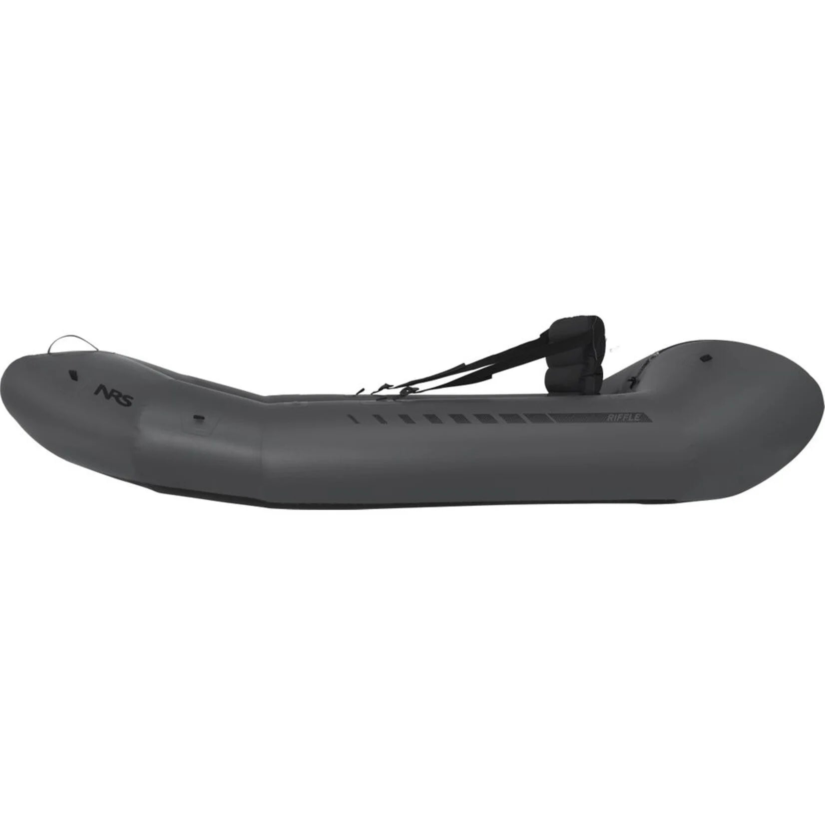 A lightweight black Riffle Fishing Packraft by NRS on a white background.