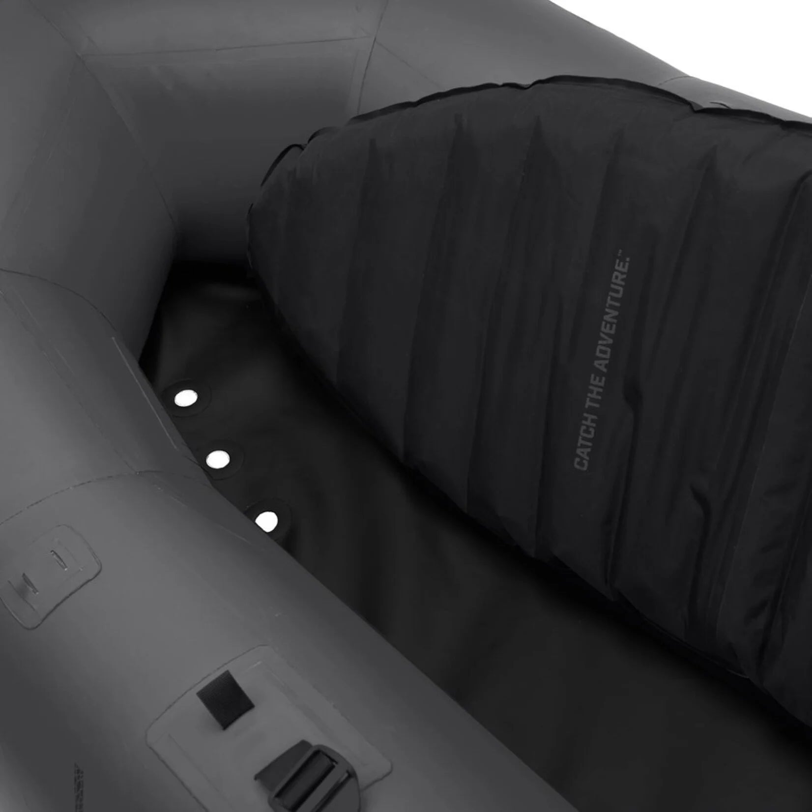 An Riffle Fishing Packraft with a black seat is designed for remote waters.
