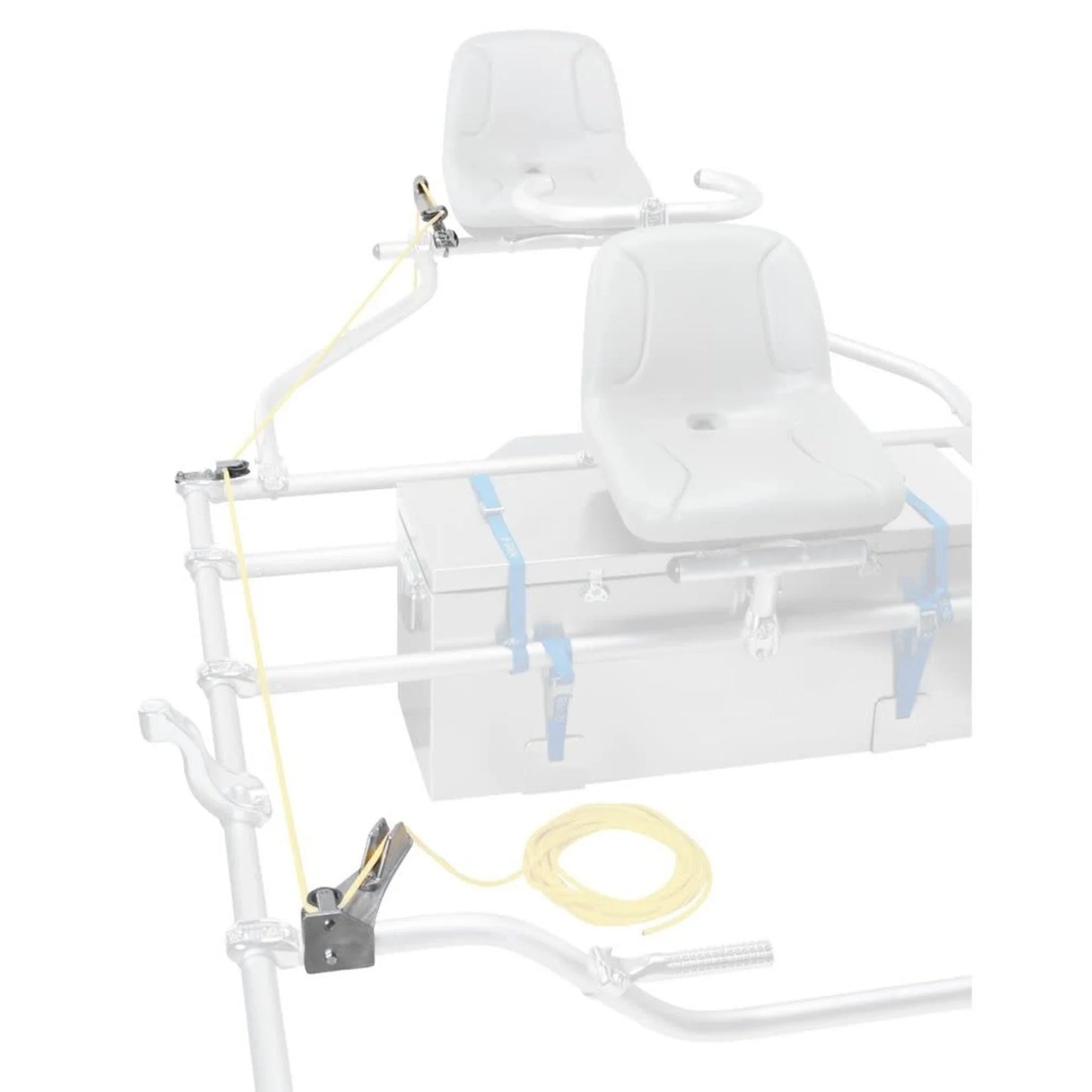 A white chair with a yellow cord attached to an NRS Frame Anchor System (old 1:1 style), perfect for relaxing while fishing in the river.