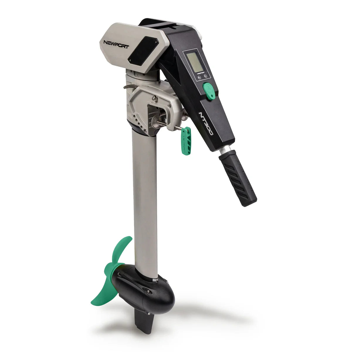 The Newport NT300 Motor + 36V50 LoPRO Battery Bundle features a sleek black and silver design with a green propeller, digital display, adjustable shaft length, and a durable lithium battery for efficient water performance.