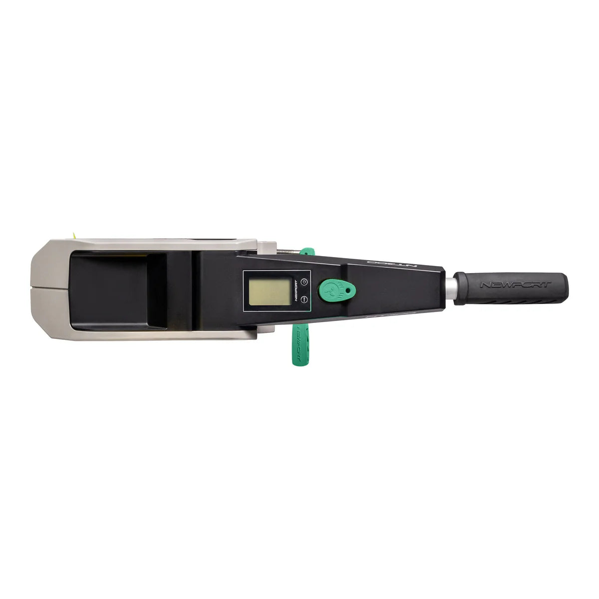 The NT300 Motor + 36V50 LoPRO Battery Bundle by Newport features a side view of a digital air inflator with a black handle, green nozzle, and small digital display, powered by a compact lithium battery for enhanced efficiency.