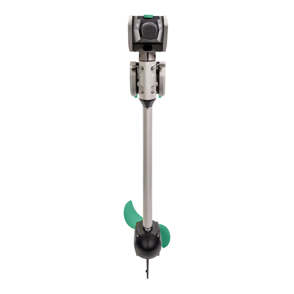 The Newport NT300 Motor + 36V50 LoPRO Battery Bundle is a silver electric outboard motor with a green propeller and compact control head, ideal for small watercraft. It features an adjustable shaft length for versatile navigation and ease of use.