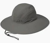 The OR Oasis Sun Sombrero is a gray wide-brimmed hat with a chin strap, offering optimal sun protection with UPF 50+ shielding.