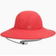 The Oasis Sun Sombrero by OR is a bright red wide-brimmed hat offering UPF 50+ sun protection and includes a chin strap, with "OR" prominently displayed on the front.