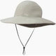 The Oasis Sun Sombrero by OR is a wide-brimmed, light gray sun hat with UPF 50+ sun protection, featuring a chin strap and a small front logo.