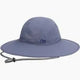 The OR Oasis Sun Sombrero, set against a plain white background, features a gray color with a wide brim for UPF 50+ sun protection and an adjustable chin strap, ensuring both style and safety under the sun.