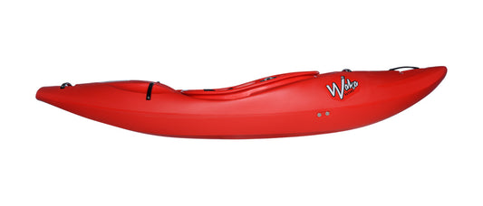 The agile OG kayak is featured against a pristine white backdrop, proudly exhibiting the "Waka Kayaks" logo on its sleek red side.