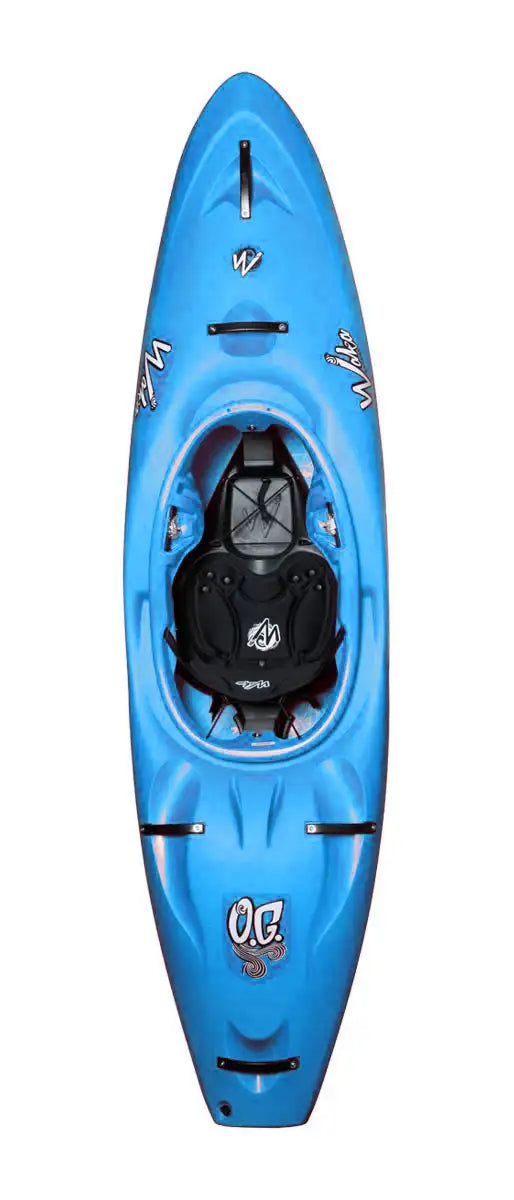 Top view of the blue OG kayak by Waka Kayaks, featuring a black seat, foot pedals, impressive rocker, and striking white and black design accents.