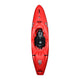 The agile red OG kayak by Waka Kayaks, viewed from above, showcases a black seat and footrests along with sleek black and white logos on its surface.