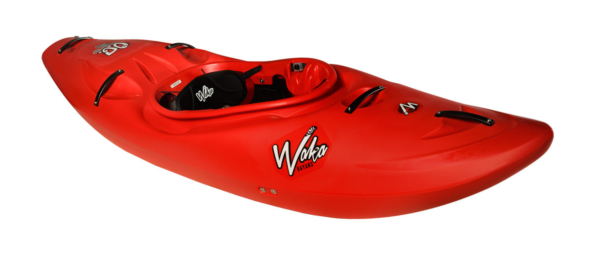 The agile OG kayak from Waka Kayaks features "Waka" branding, a contoured seat, footrests, and handy side and front handles for easy maneuverability.