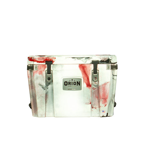 A white Jackson Kayak Orion Cooler with red paint on it, designed for outdoor adventures with superior ice retention.