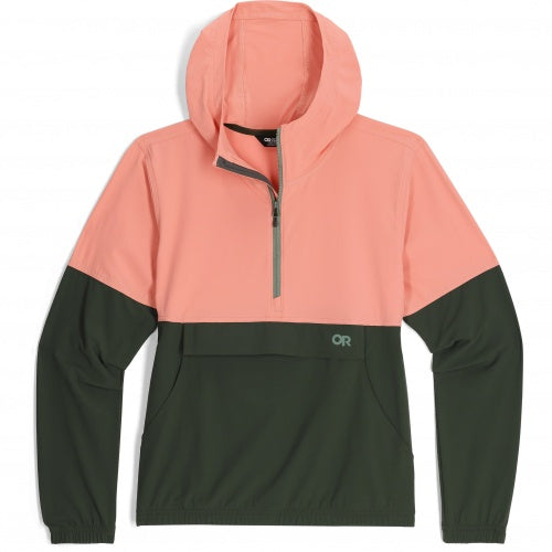 The Outdoor Research Ferrosi Anorak for women features a pink hood and upper, dark green lower section, front zipper, long sleeves, and kangaroo pocket—a stylish, breathable Outdoor Research jacket for your next adventure.