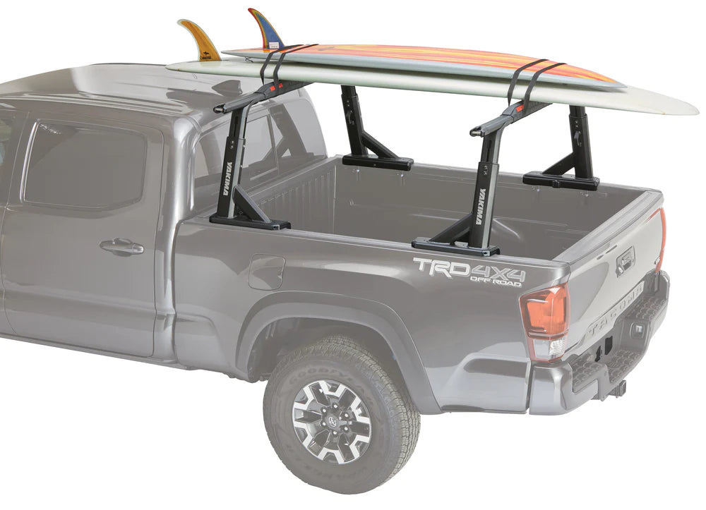 A versatile truck with an adjustable Yakima OverHaul HD truck rack for carrying a surfboard as payload.