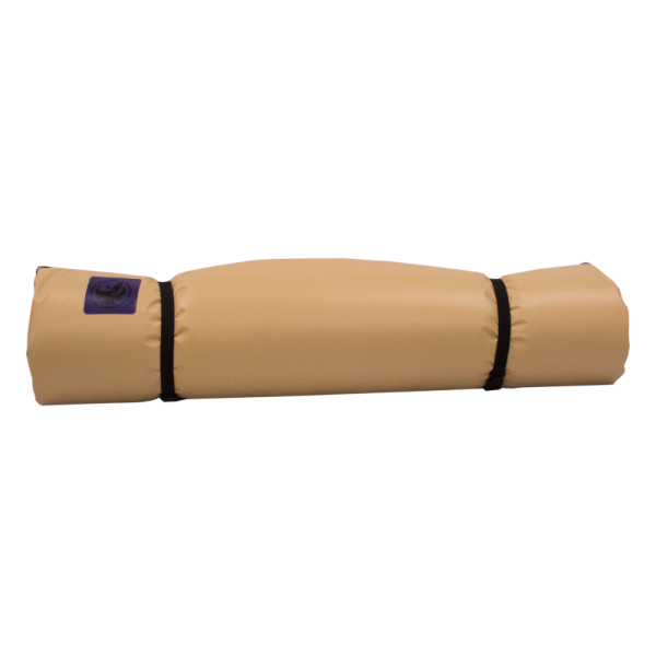 The Jacks Plastic Welding Pickup Paco Pad is a tan waterproof camping mattress, rolled up and secured with two black straps. A small purple label is on one end, shown against a plain white background.
