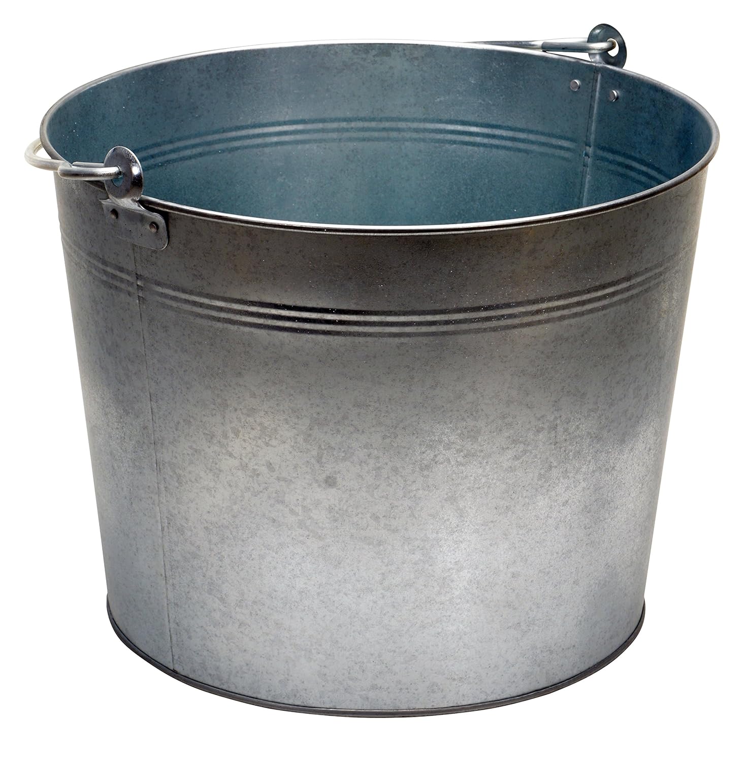 A round, metallic 4.25-gallon pail by Behrens with handles on both sides, featuring a plain galvanized steel texture.