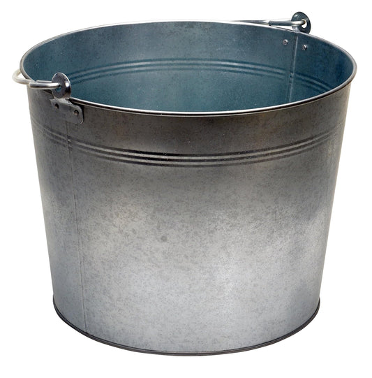 A round, metallic 4.25-gallon pail by Behrens with handles on both sides, featuring a plain galvanized steel texture.