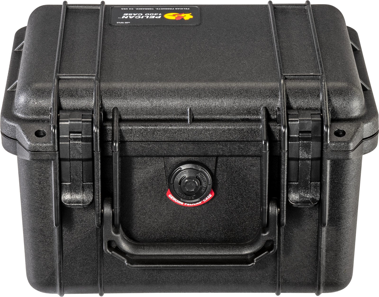 The Pelican 1300 Case is a black hard-shell case with front latches, a central lock, and handle—ideal as a durable waterproof solution for your protective gear.