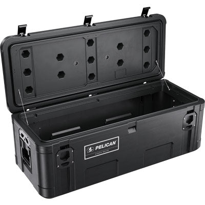 The Pelican BX135 Cargo Case, shown open in black, features a spacious weather-resistant interior and sturdy side handles.