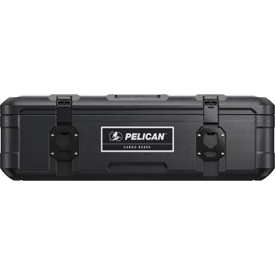 The Pelican BX55S Cargo Case features two front latches, a centered Pelican logo label, and a rugged weather-resistant design—ideal for truck bed storage.