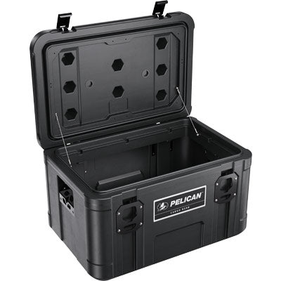 The Pelican BX80 Cargo Case in black is shown with its lid open, revealing an empty interior and dual side handles—ideal as a weather-resistant gear case for secure storage.