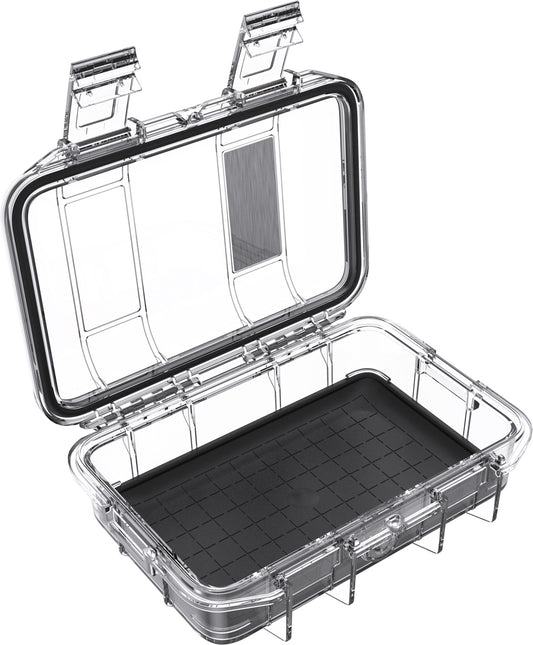 The Pelican M40 Dry Case features a transparent, waterproof design with a hinged lid, black textured interior, and dual latch closures.