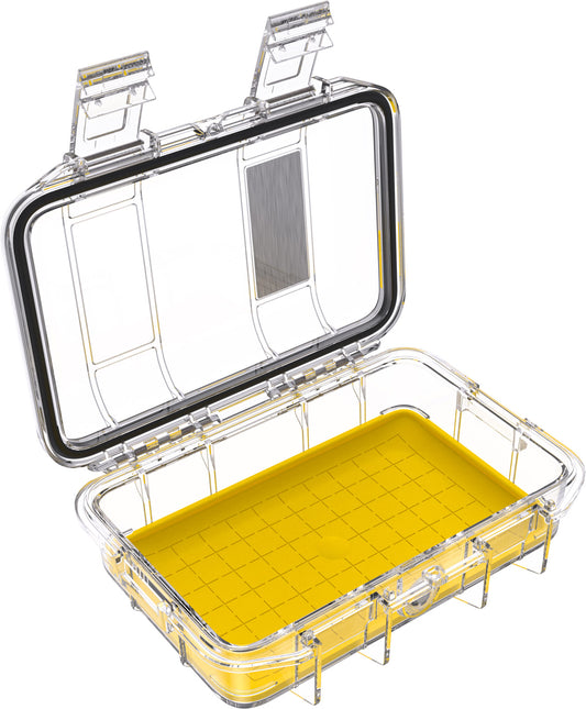 The Pelican M40 Dry Case is a clear, hard plastic, crushproof gear case with a hinged lid and two clasps. Inside, it features a yellow gridded base. The open lid reveals the empty, durable interior—ideal for secure storage.