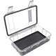 The Pelican M60 Dry Case features a clear plastic body, snap closure, hinged transparent lid, and black grid-patterned base—ideal for protecting compact gear and keeping essentials organized.