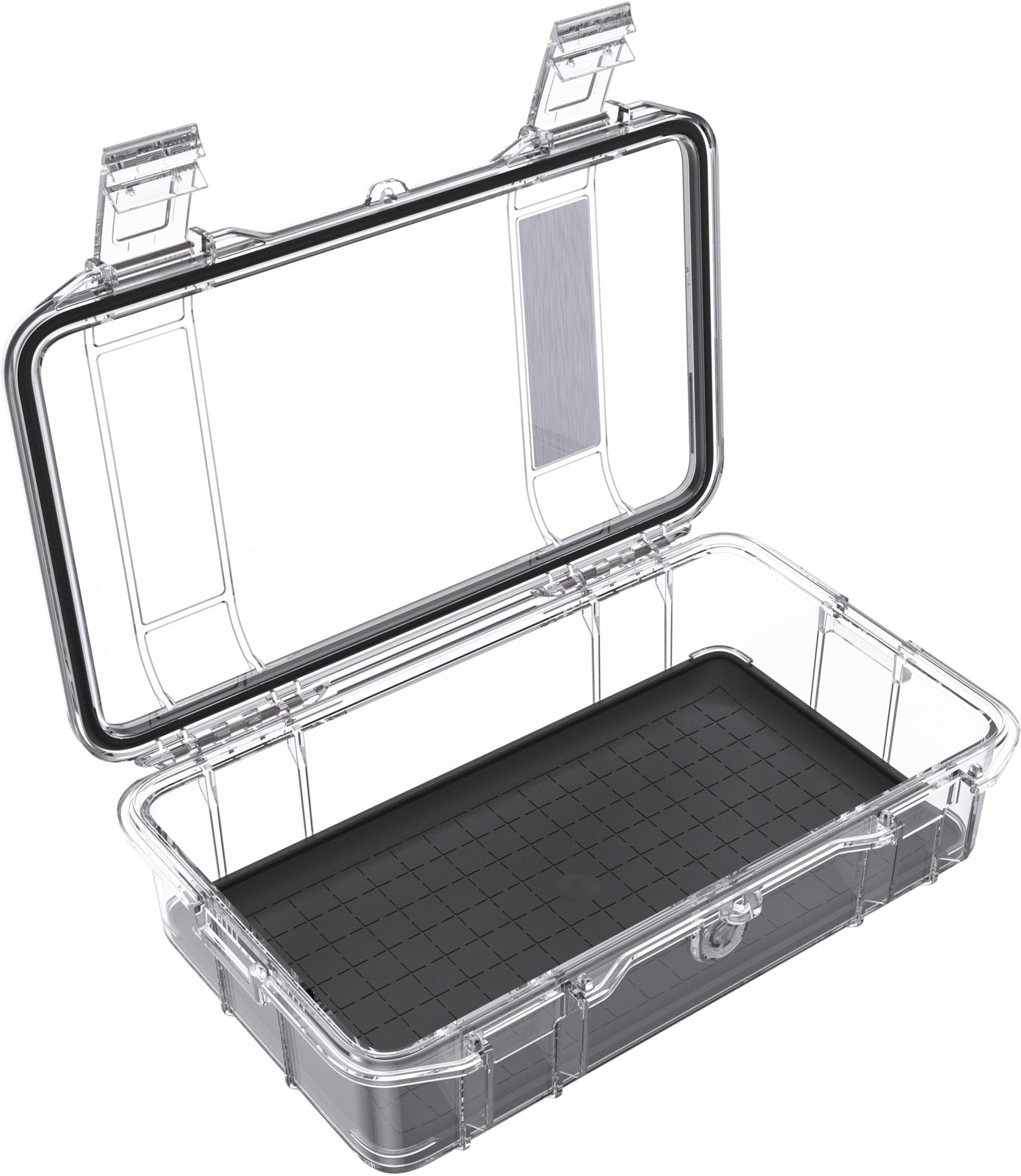 The Pelican M60 Dry Case features a clear plastic body, snap closure, hinged transparent lid, and black grid-patterned base—ideal for protecting compact gear and keeping essentials organized.