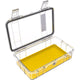 The Pelican M60 Dry Case features a transparent body with a hinged lid and a yellow grid-patterned interior tray, providing waterproof protection and secure storage for compact gear.