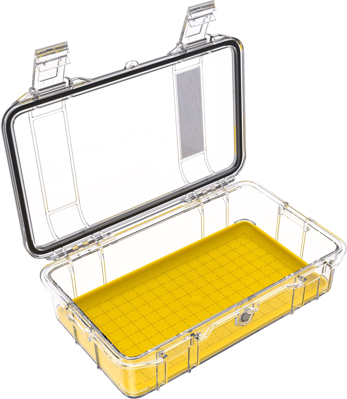 The Pelican M60 Dry Case features a transparent body with a hinged lid and a yellow grid-patterned interior tray, providing waterproof protection and secure storage for compact gear.
