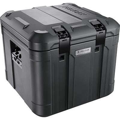 The Pelican TX50 Adventure Case is a black, hard-sided storage case with reinforced corners, two front latches, and side handles—perfect for heavy-duty transport and rugged outdoor gear protection.