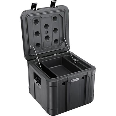 The Pelican TX50 Adventure Case is a black hard-shell cooler with an open hinged lid, metal support arms, and a removable inner tray—ideal for rugged outdoor gear protection. Shown on a plain background.