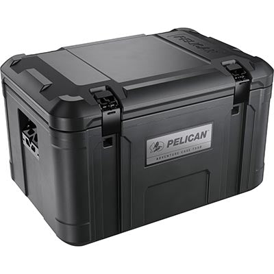 The Pelican TX80 Adventure Case is a black rugged case featuring reinforced edges, rotomolded construction, side handles, dual front latches, and a prominent logo plate on the front.