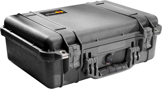 A crushproof and watertight Pelican 1500 case with straps.
