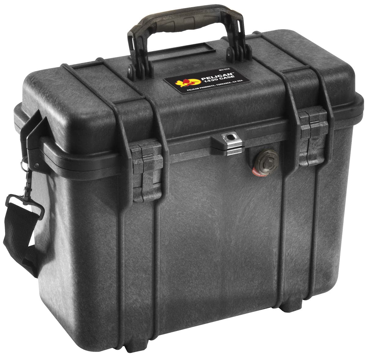 Featuring the 1430 Case dry box, pelican case manufactured by Pelican shown here from one angle.