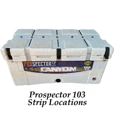 A sturdy North Shore prospector 103 canyon cooler with labeled strip locations and an added Prospector Foam Pad featuring 3M peel and stick adhesive.