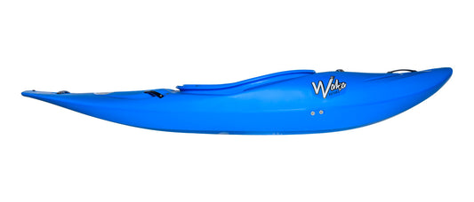 A bright blue Puffy Steeze kayak by Waka Kayaks, featuring a pointed front and curved back with branding on the side, set against a plain white background.