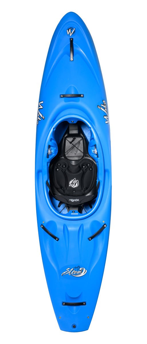 The Puffy Steeze by Waka Kayaks is a blue creek kayak with a black seat and footrests, viewed from above. It features a stylish white logo and text on the body.