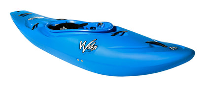 A blue Waka Kayaks Puffy Steeze kayak, with a sleek design and logo on its side, is perfect for thrilling creek boat adventures.