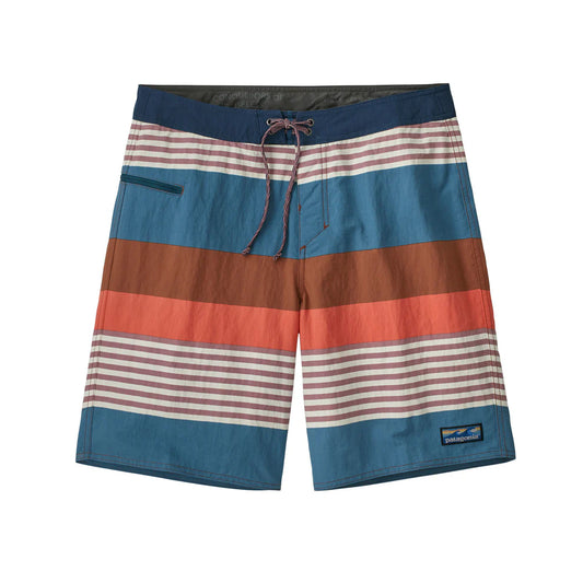 The Patagonia Wavefarer Boardshorts - 19 in. - Men's feature blue, brown, red, and white horizontal stripes, are made from recycled materials, and include a front drawstring and small zippered pocket.