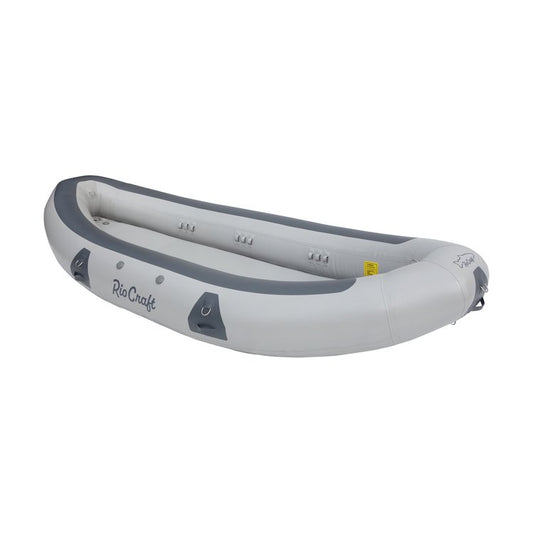 The Teton Rafts by Rio Craft is a grey and white inflatable raft made from heavy-duty welded PVC with multiple air chambers and handles.