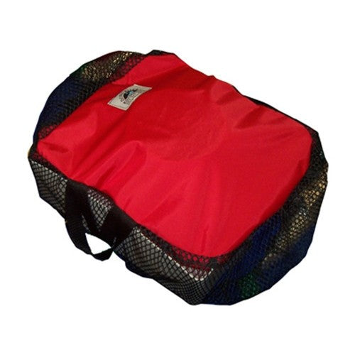 A Lady Bug Toilet Seat cover from Down River Equipment with red fabric and black mesh sides and handles lies flat, ready for a river journey like other gear.