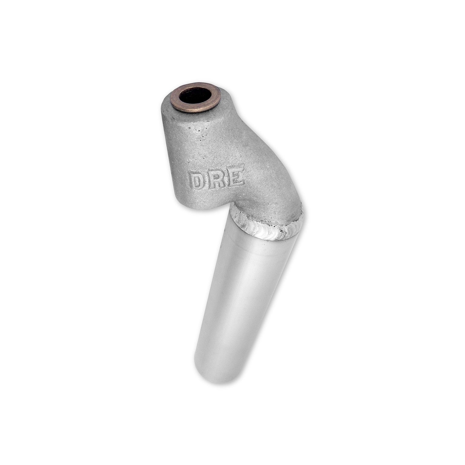 An aluminum bicycle stem engraved with "DRE," boasting a cylindrical extension and an angled handlebar section, draws inspiration from the precision found in Down River Equipment's Oar Tower-With Brass Bushing design.