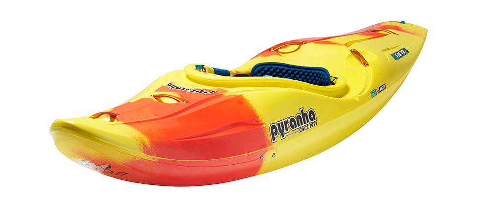 A Pyranha ReactR kayak in yellow and orange, built for whitewater with a single seat and creek boat design, shown from a front-side angle.